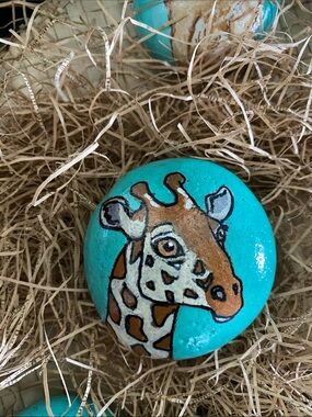 Hand-Painted Giraffe Decorative Stone - Turquoise